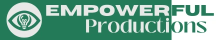 Teal and white logo for Empowerful Productions with an icon that includes a teal eye with a lightbulb in the pupil on a white background.