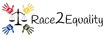Red, yellow, blue, and green palm prints with a cutout of the world map surround a black graphic of the scales of justice and a print font of the website name Race 2 Equality.
